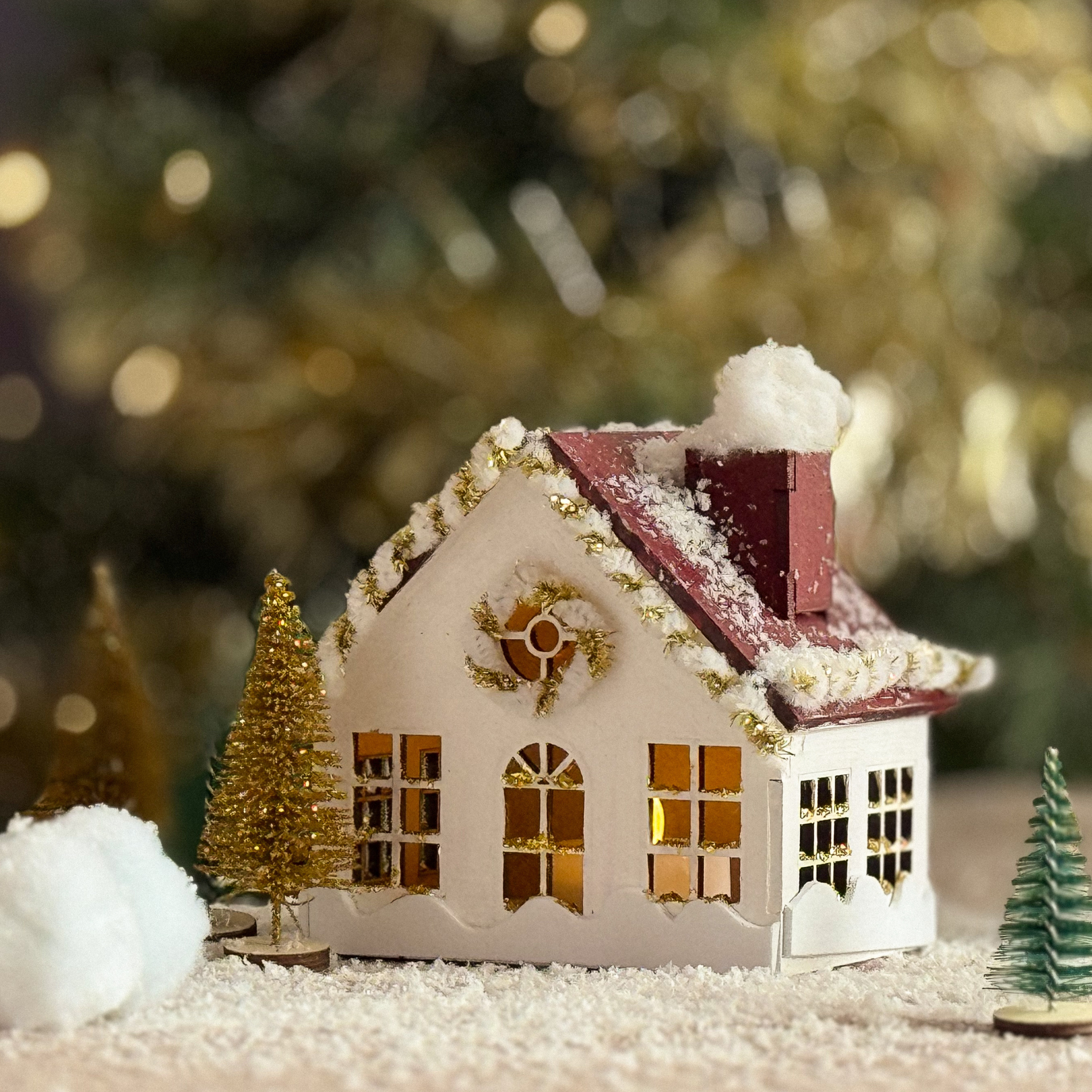 DIY Kit Wooden Christmas House White With Red